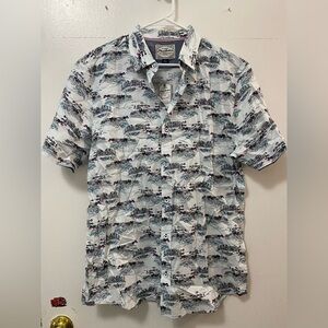 Flag & Anthem Men’s Beach Print Button Up Short Sleeve Shirt White Multi Large L